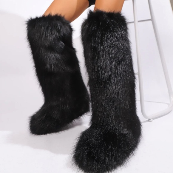 Shoes - Black Faux Fur Knee-High Boots – Plush Winter Fashion Boots